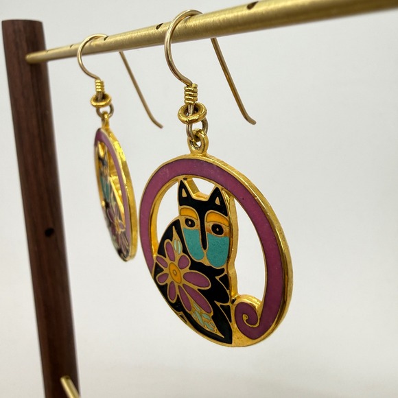 Laurel Burch Mark and Sally Earrings 1993 Enamel Cat Hoop Gold Tone Teal Flower - Picture 3 of 7